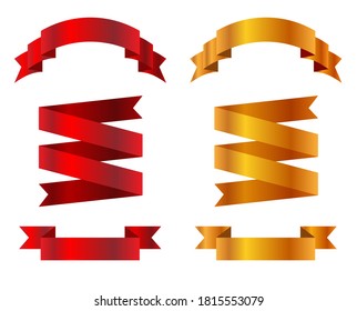 Banderas de cintas realistas aisladas de fondo blanco. Conjunto de plantilla de cinta roja y dorada. Colección de etiquetas.