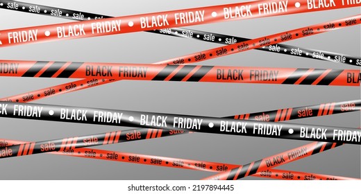 Realistic ribbons for Black Friday sale. Template with crossing tapes for Black Friday. Stripes with border for sale. Banner with red, black ribbons. Flyer for discount, promotion, shopping. Graphic