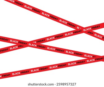 Realistic ribbons for Black Friday sale. Template with crossing tapes for Black Friday. Stripes with border for sale. Banner with red, black ribbons. Flyer for discount, promotion, shopping. Graphic

