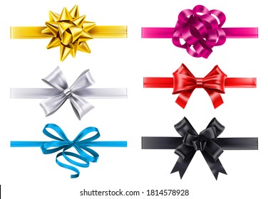 Realistic ribbons with bows. Vector bow decoration, birthday gift knot made form satin for christmas illustration