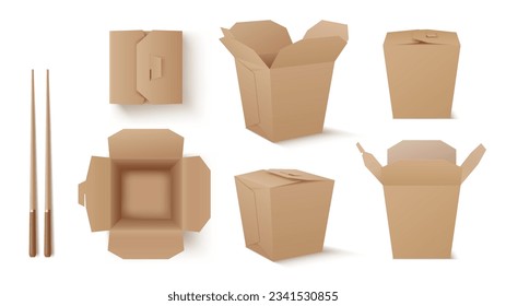 Realistic rice and wok box package or takeaway noodles container, vector mockup 3D. Chinese Asian food and wok noodles takeout box of paper cardboard with chopsticks, container packaging template