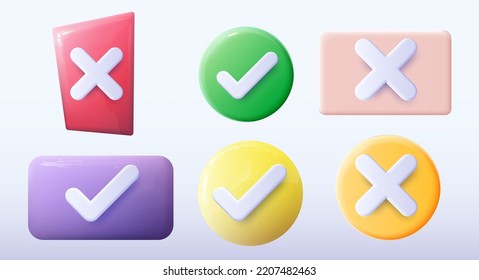 Realistic right and wrong 3D Button. A set of glossy round icons with a check mark, a sign of the cross. 3d minimalist style. Symbols of acceptance, rejection and attention. Vector illustration