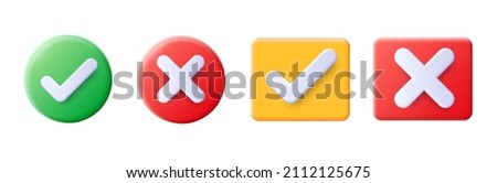 Realistic right and wrong 3D Button. A set of glossy round icons with a check mark, a sign of the cross. 3d minimalist style. Symbols of acceptance, rejection and attention. Vector illustration	 Foto stock © 