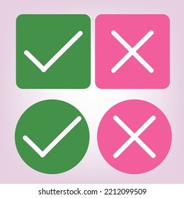 Realistic right and wrong Button. A set of glossy round icons with a check mark, a sign of the cross. minimalist style. Symbols of acceptance, rejection and attention. Vector illustration