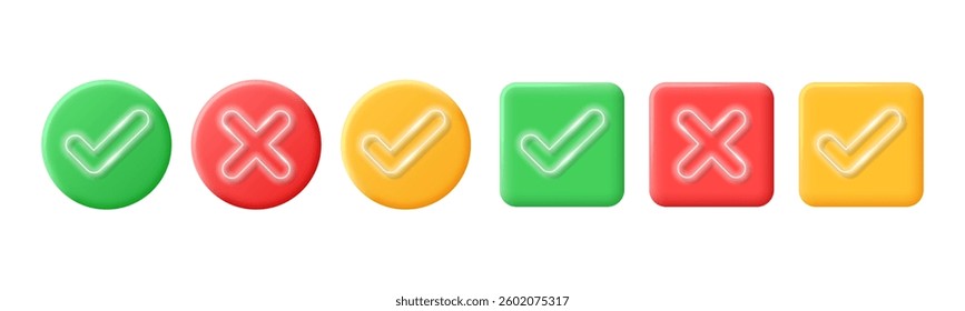 Realistic right and wrong buttons in 3D style with neon elements. Set of glossy round and square icons with a check mark, sign of the cross, symbols of acceptance, rejection. Vector illustration.