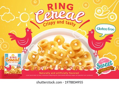 Realistic Ring Cereal In The Milk Bowl With Roosters Illustration As A Morning Meal. 3d Advertisement Banner