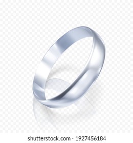 Realistic ring from white gold or silver. 3D render of platinum ring with shadow and reflection. Vector illustration isolated on transparent background