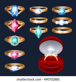 Realistic rings with gemstones jewelry accessories icons set. Jewelry box with engagement diamond ring vector illustration.