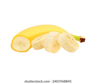 Realistic ripe banana whole fruit with peel, slice and half. Isolated sweet exotic fruit, fresh and juicy healthy food, vegetarian diet product or 3d realistic vector raw banana pieces