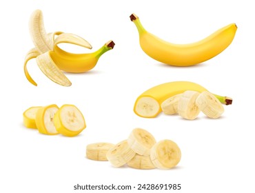 Realistic ripe banana, whole fruit with peel or slice in half, isolated vector 3D food. Fresh tropical banana peeled or slice cut for juice or sweet product package elements and organic food