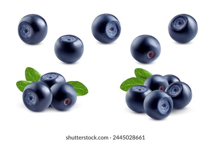 Realistic ripe blueberry. Isolated raw blue berry 3d vector set. Juicy, glistening blaeberries with natural hues, nestled among fresh green leaves, exuding an enticing aroma of summertime sweetness