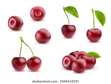 Realistic ripe cherry. Isolated raw red cherry berry 3d vector set. Ripe, bountiful mound of berries, glistening with vibrant hues, tempting taste buds with succulent allure and natural sweetness