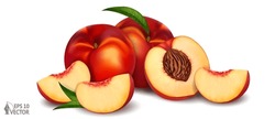 Realistic Ripe Nectarines, Peaches, Whole, Half And Slice. Group Of Fresh Fruit, Realistic 3d Vector Illustration, Detail Isolated On White Background