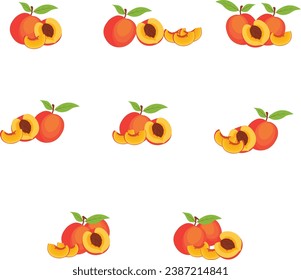 Realistic ripe nectarines, peaches, whole, half and slice. Group of fresh fruit.