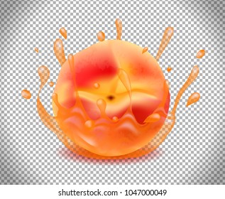 Realistic Ripe Peach with Liquid Splash, Isolated Fresh Sweet Fruit, 3D Hand Drawn, Photo-Realistic Vector Illustration EPS 10