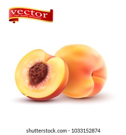 Realistic Ripe peaches, whole and slice. Peach juicy sweet fruit realistic 3d vector high detail isolated on white background. Vector illustration.