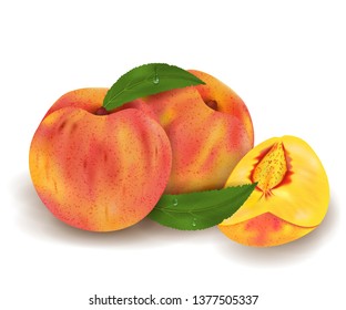 Realistic Ripe peaches whole and slice, green leaves with drops. Juicy fruit 3d illustration high detail isolated on white background. Vector illustration.