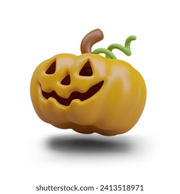 Realistic ripe pumpkin with carved eyes and creepy smile. Traditional Halloween decoration. Jack lantern. Isolated vector illustration in plasticine style