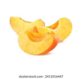 Realistic ripe raw apricot fruit, isolated slices. 3d vector group of juicy wedges glisten with golden hues offering sweet and tangy burst of flavor. Vibrant and succulent delightful, refreshing treat