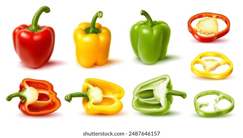 Realistic ripe raw bell pepper vegetable. Whole, half and and slice cutted veggie. Isolated 3d vector set of red, green and yellow paprika garden plants, halved and cut veg pieces, circles and stems