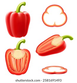 Realistic ripe raw bell pepper vegetable. Whole, half and slices cutted veggie. Isolated 3d vector set of red paprika garden plants, halved and cut veg pieces, circles and stems