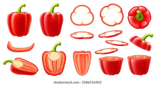 Realistic ripe raw bell pepper vegetable. Whole, half and slices cutted veggie. Isolated 3d vector set of red paprika garden plants, halved and cut veg pieces, circles and stems