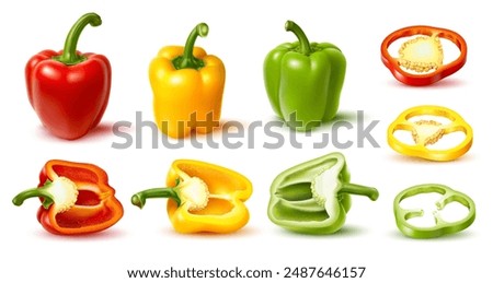 Realistic ripe raw bell pepper vegetable. Whole, half and and slice cutted veggie. Isolated 3d vector set of red, green and yellow paprika garden plants, halved and cut veg pieces, circles and stems