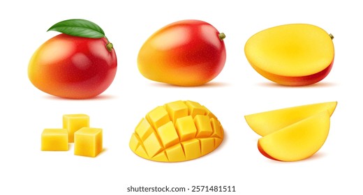 Realistic ripe raw mango fruit whole and cut in pieces or cubes, vector objects. 3D or realistic mango whole or cut in half and lumps for juice flavor, jam or marmalade and sweet dessert food package