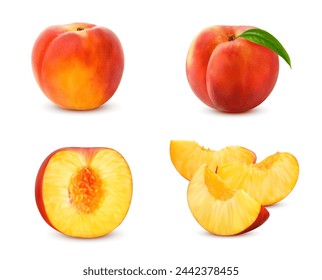 Realistic ripe raw peach fruits, whole with green leaf and cut in half or quarters,, isolated vector. Fresh peach fruit cut in sections without seed for juice or jam package of organic natural food