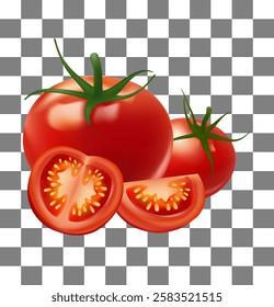 Realistic ripe raw tomato, half and slices. Isolated 3d vector vibrant and plump pomodoro illustrator Gradient Mesh