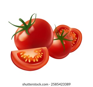 Realistic ripe raw tomato, half and slices. Isolated 3d vector vibrant and plump pomodoro illustrator Gradient Mesh