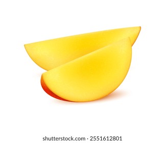 Realistic ripe raw tropical mango fruit slices. Isolated 3d vector vibrant segments or wedges burst with juicy sweetness, golden flesh, tinged with a hint of citrus, offers a refreshing exotic taste