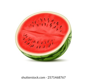 Realistic ripe raw watermelon fruit half showcasing vibrant red flesh and black seeds. Isolated 3d vector summer fruit, healthy food, halved garden plant with fresh juicy texture and refreshing appeal