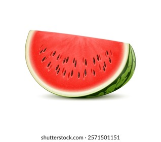 Realistic ripe raw watermelon fruit slice with a bright red interior and black seeds, highlights freshness and juiciness. Isolated vector piece of refreshing watermelon plant, summer healthy eating