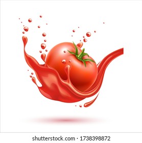 Realistic ripe tomato in red juicy splash. Vector tomato juice explosion for healthy, organic product packaging design. Splashing fresh drink, flowing tomato juice motion