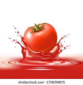 Realistic ripe tomato in red juicy splash. Vector tomato juice explosion for healthy, organic product packaging design. Splashing fresh drink, flowing tomato juice motion