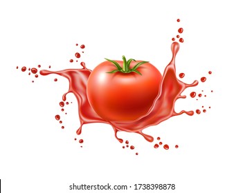 Realistic ripe tomato in red juicy splash. Vector tomato juice explosion for healthy, organic product packaging design. Splashing fresh drink, flowing tomato juice motion