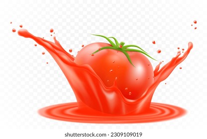 Realistic ripe tomato in red juicy splash. 3d Vector tomato juice explosion for healthy, organic product packaging design. Splashing fresh drink, flowing tomato juice motion