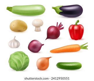 Realistic ripe vegetables whole piece raw produce. Vector isolated harvested veggies plants for vegans and vegetarian dishes, cooking dieting organic meal. Eggplant and beetroot, potato and cabbage