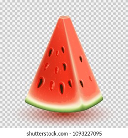 Realistic ripe watermelon slice template. Vector illustration with seasonal summer sweet dessert. Piece of juicy berry isolated on transparent background.