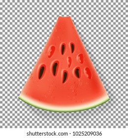 Realistic ripe watermelon slice. Vector illustration with seasonal summer sweet dessert. Top view on piece of juicy berry isolated on transparent background.