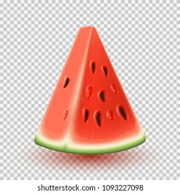 Realistic ripe watermelon slice. Vector illustration with seasonal summer sweet dessert. Piece of juicy berry isolated on transparent background.