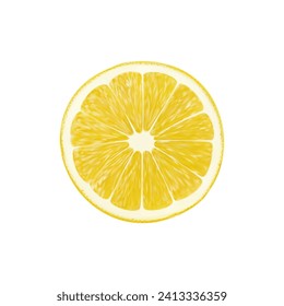 Realistic ripe yellow lemon, slice cut of citrus fruit, isolated vector 3D food. Fresh lemon round slice section for juice, jam or lemonade drink and organic farm product package