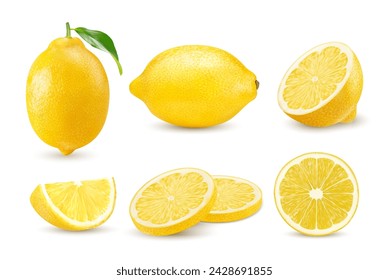 Realistic ripe yellow lemon, whole citrus fruit slices and half cut, isolated vector 3D food. Fresh lemon citrus fruit with leaf and cut section lobule for juice or organic food product package