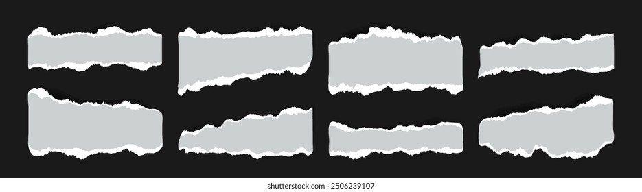 Realistic ripped grey Notebook Paper sheets for Scrapbook or Collages. Torn blank pages with uneven texture. Damaged old pieces of notepad like empty frame for message text.