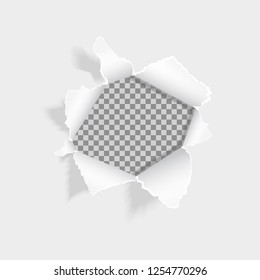 Realistic ripped hole in the sheet of paper. Torn paper on white background. Paper with ripped edges and space for text. Design for web, print, banner, advertising, presentation. Vector illustration.