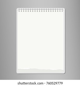 Realistic ripped notebook, blank white paper sheet on gray background. Vector illustration