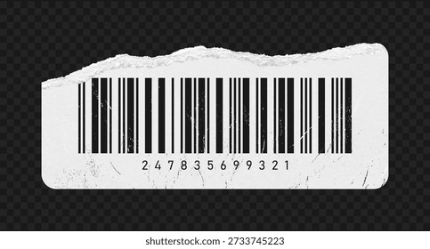 Realista código de barras de papel rasgado. Papel rasgado texturizado con fragmento de código de barras. Etiqueta engomada rectangular del código de barras con el borde rasgado en fondo transparente. Ilustración vectorial.