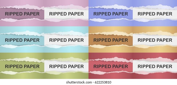 Realistic ripped paper with shadow set. Web banner. Element for advertising and promotional message in different colors. Torn paper, color set.