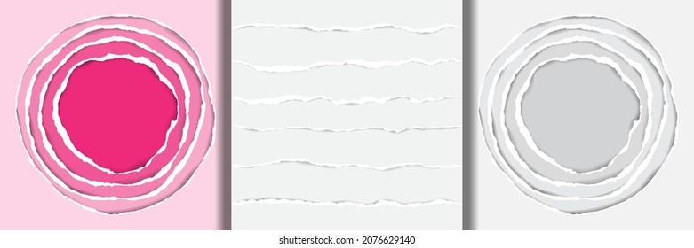 Realistic Ripped Papers circle compositions and seamless pattern set